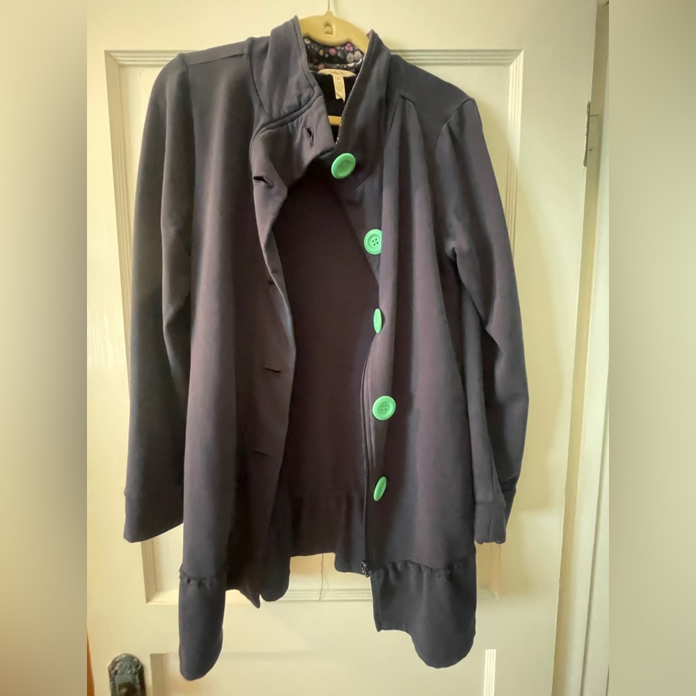 Matilda Jane blue sweatshirt jacket with Green Buttons and zipper closure